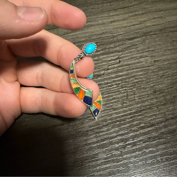 Carolyn Pollack Silver Turquoise Southwestern Bright Inlay Drop Earrings Womens - Picture 2 of 3